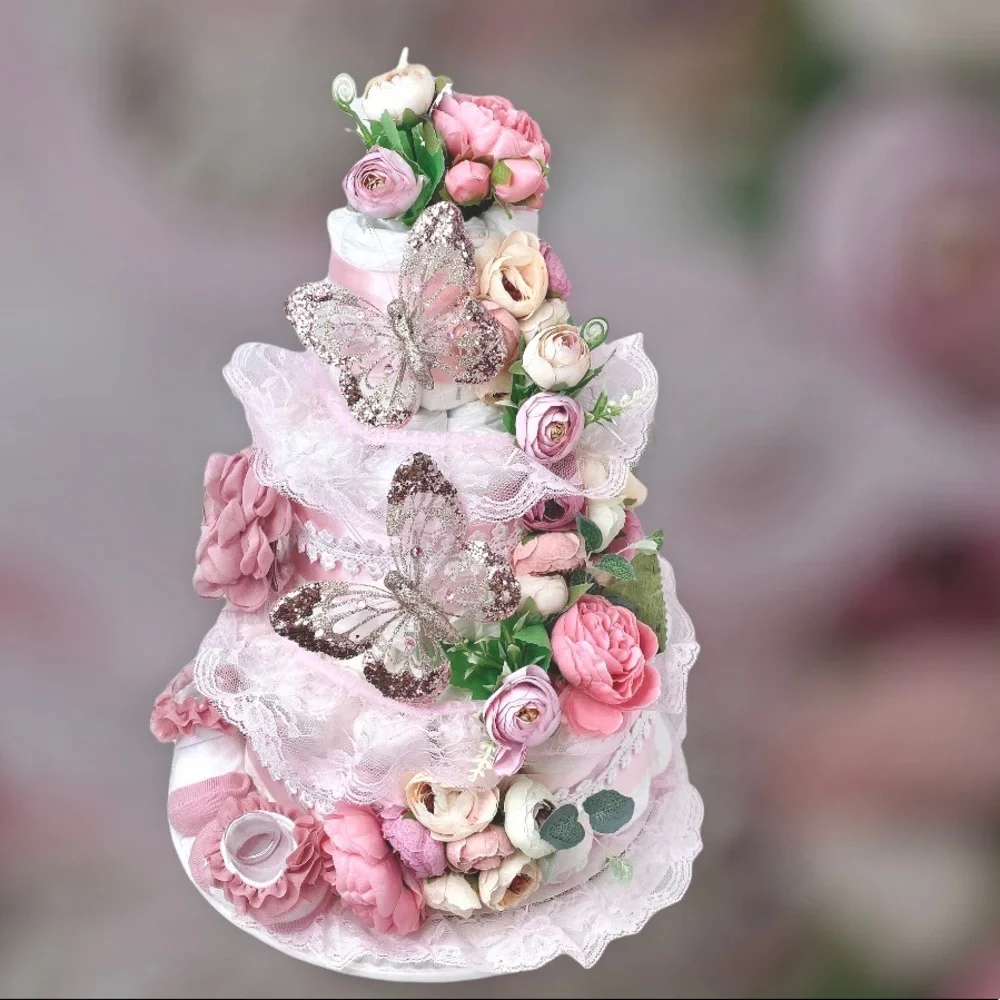 Peonies Diaper Cake, Butterflies Diaper Cake
